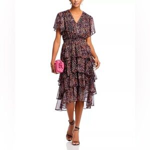 KOKO + MASON V Neck Floral Tiered Metallic Flutter Sleeve Dress Size Large NWT